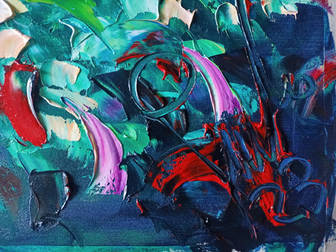 Detail of layered surface and expressive marks in Riverberi di Acqua by Antonino Puliafico