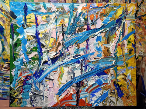 Fluido Azzurro – detail of layered surface and expressive marks by Antonino Puliafico