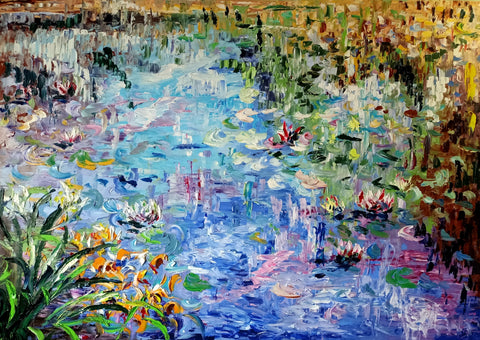 Ninfe Riflessi – large original water-lily oil painting by Antonino Puliafico