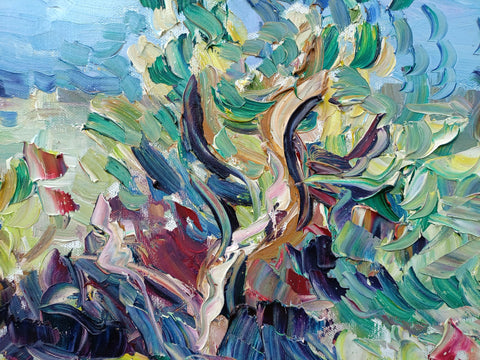 Detail of layered surface and expressive marks in Ulivi e Tindari by Antonino Puliafico