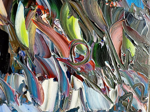 Detail of layered surface and expressive marks in Fiamma by Antonino Puliafico